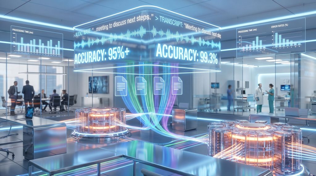 Futuristic data processing facility with accuracy display.