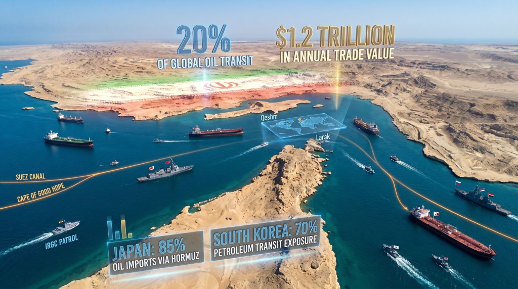 Iran closes Strait of Hormuz, impacting oil transit.