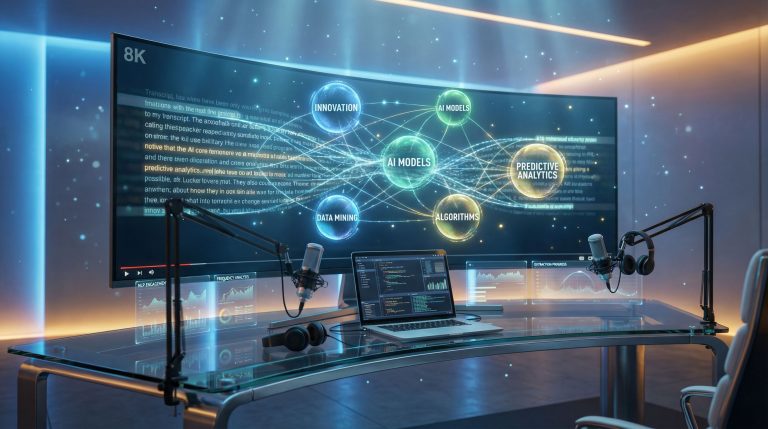 Futuristic workspace with AI technology elements.