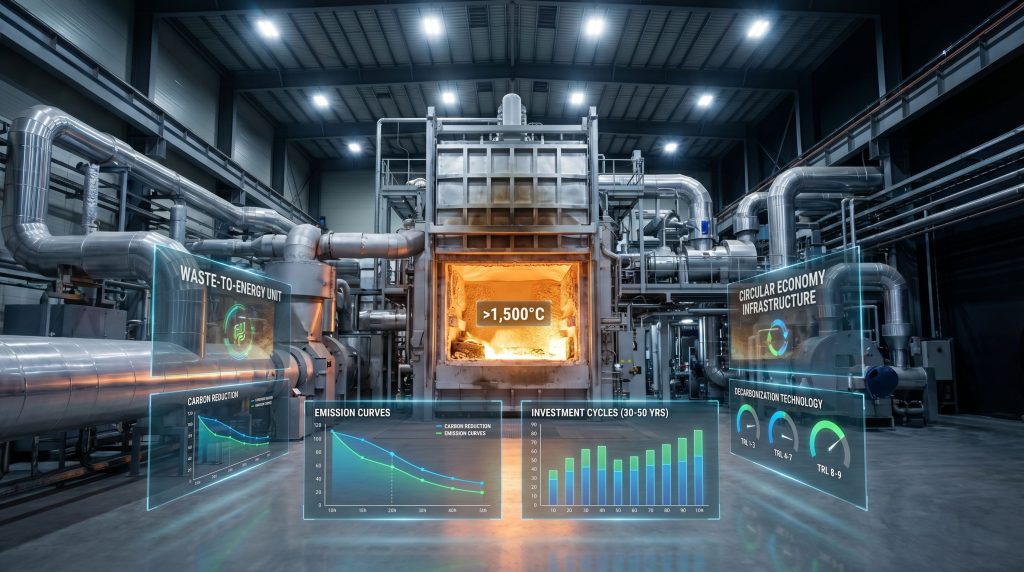 Industrial decarbonisation technology with data displays.