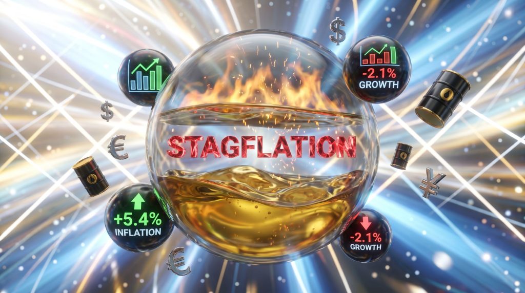 Stagflation alert: economic indicators and flames.