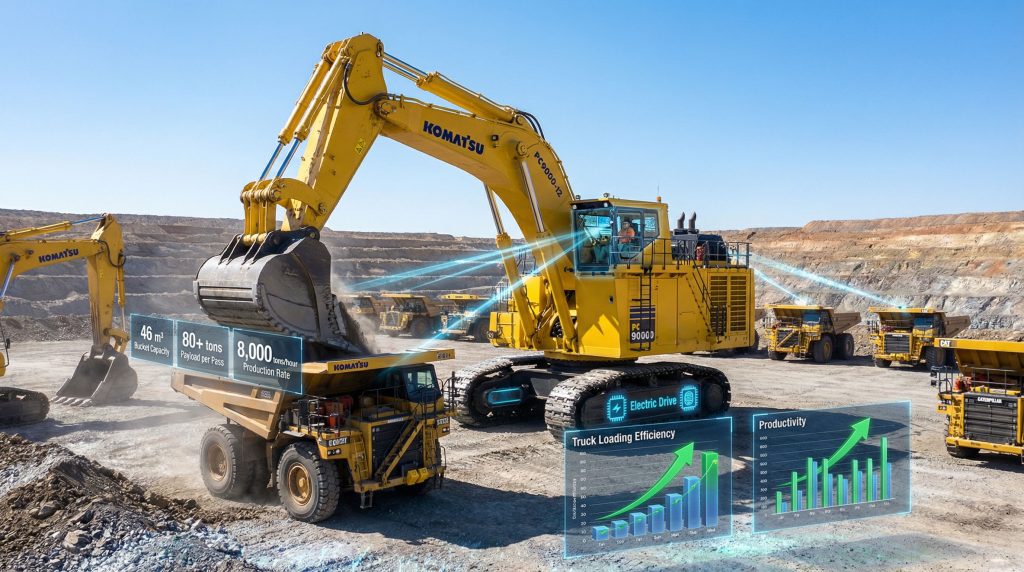 Komatsu PC9000-12 excavator in mining operation.