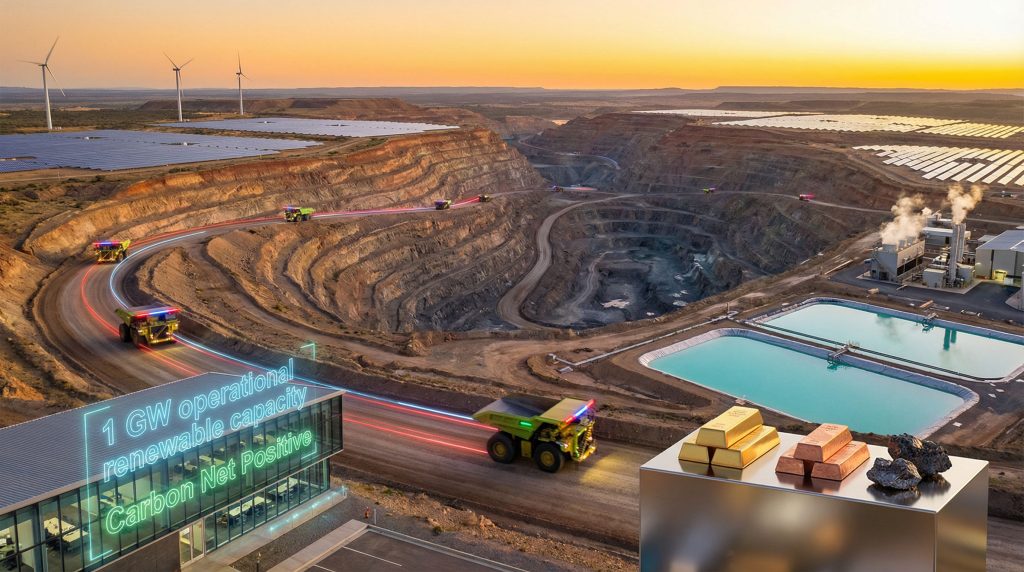 Futuristic mining site with sustainable practices.