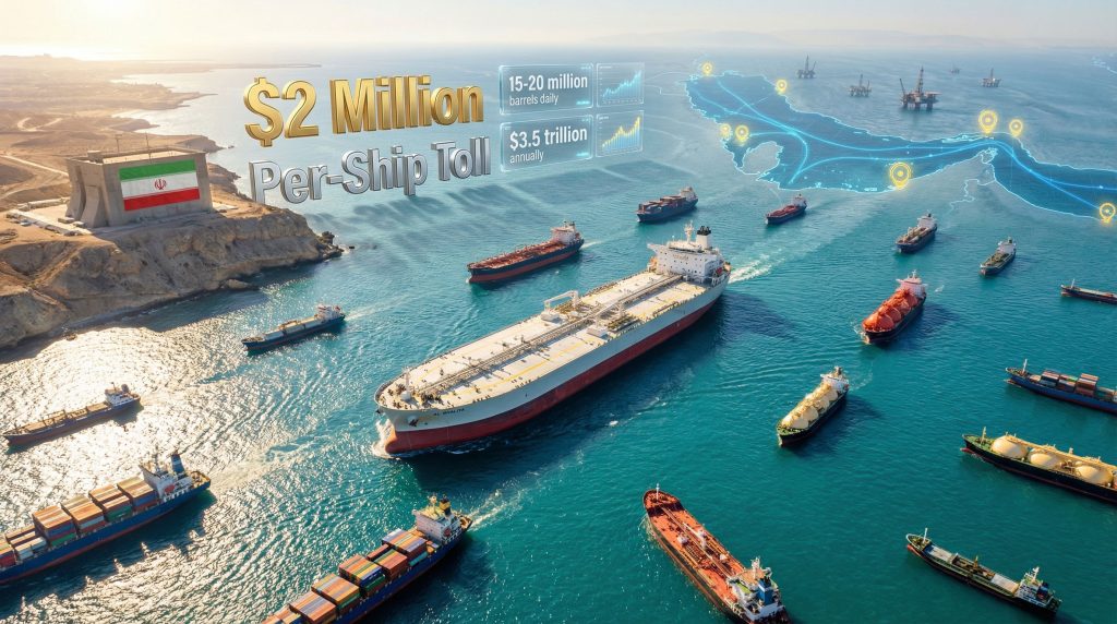Shipping vessels navigating Hormuz Strait toll.