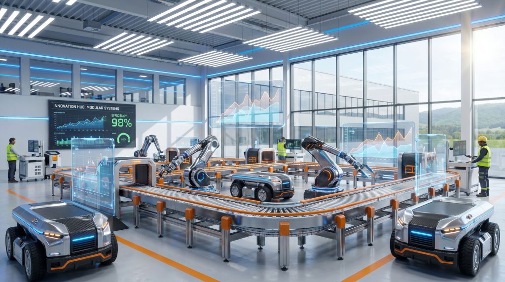 Futuristic robotics in a high-tech factory.