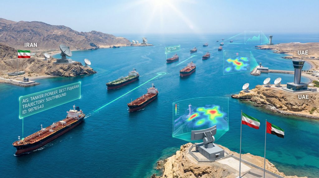 Monitoring vessel tracking systems, Strait of Hormuz.
