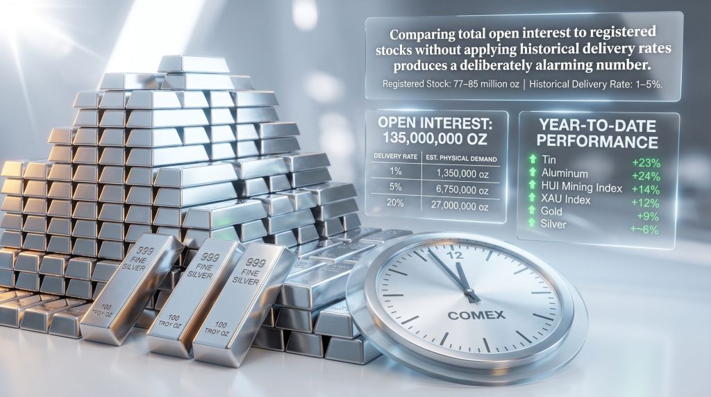 COMEX silver default May contract infographic with silver bars