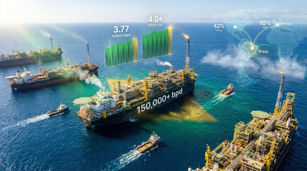 Brazil oil production surge with offshore rigs.