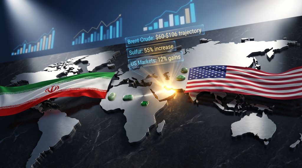 Iran and US flags, economic trends chart.