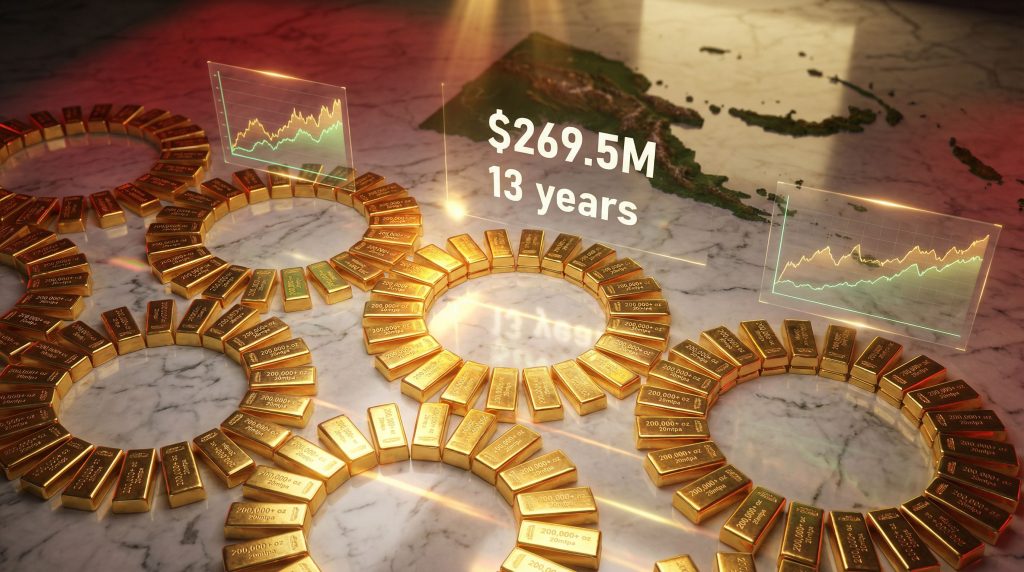 Gold investment depiction: bars, chart, and island.