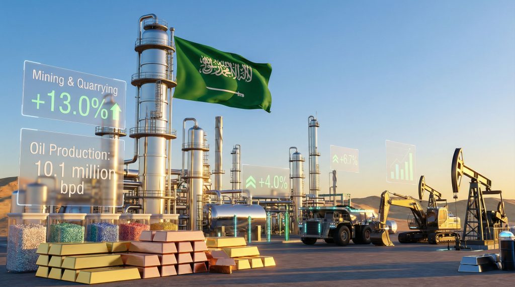 Saudi industrial output growth with refinery equipment.
