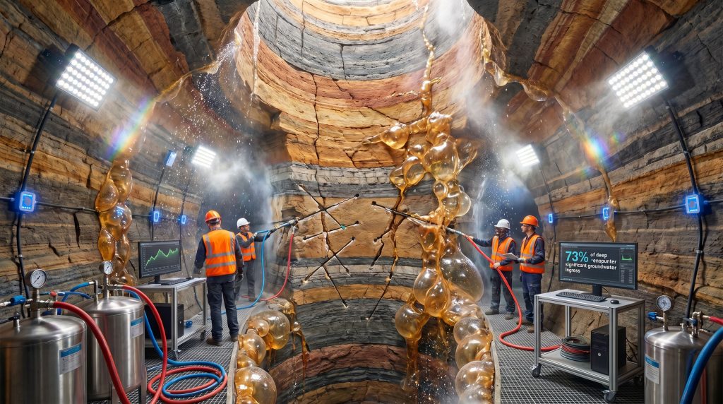 Underground mining water sealing specialists at work.
