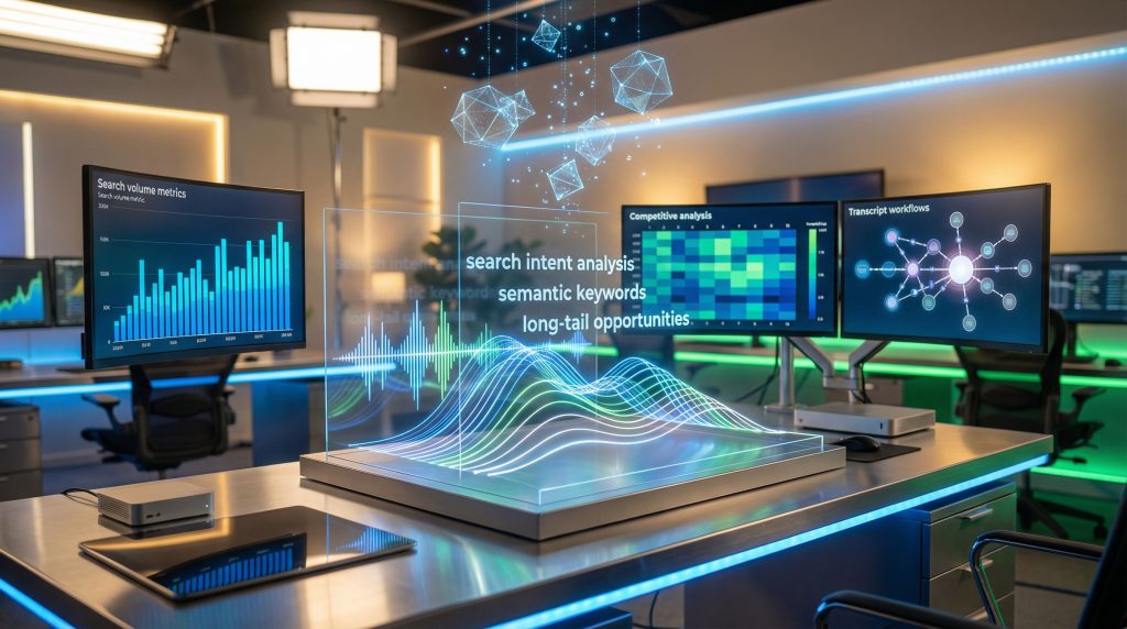 Futuristic workspace highlighting search intent analysis.