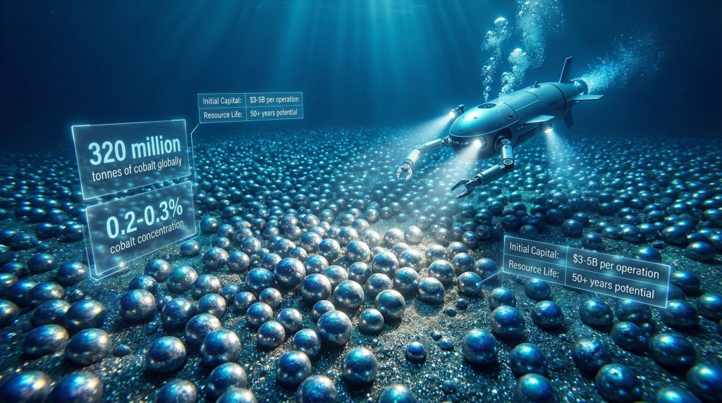 Underwater mining robot collecting deep-sea cobalt.