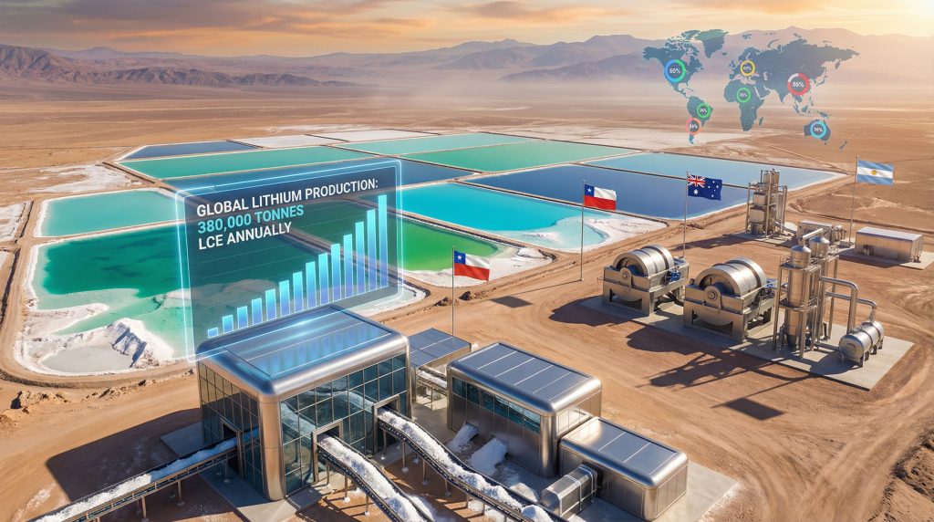 Lithium production facility with global infographic.