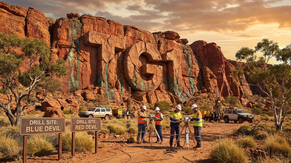 Techgen Metals Ltd-TG1-Workers at desert drill sites, scenic backdrop.