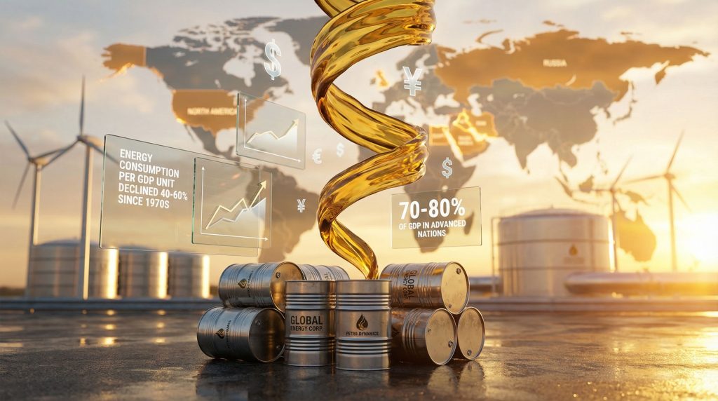 Barrels and oil amidst global energy data.