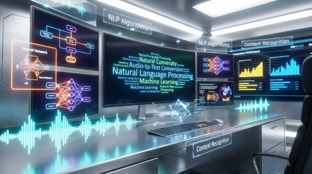 Futuristic workspace showcasing natural language processing technology.