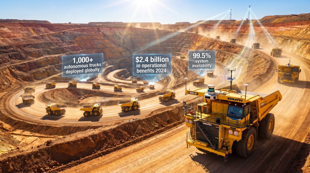 Komatsu autonomous haul truck in mining operation.