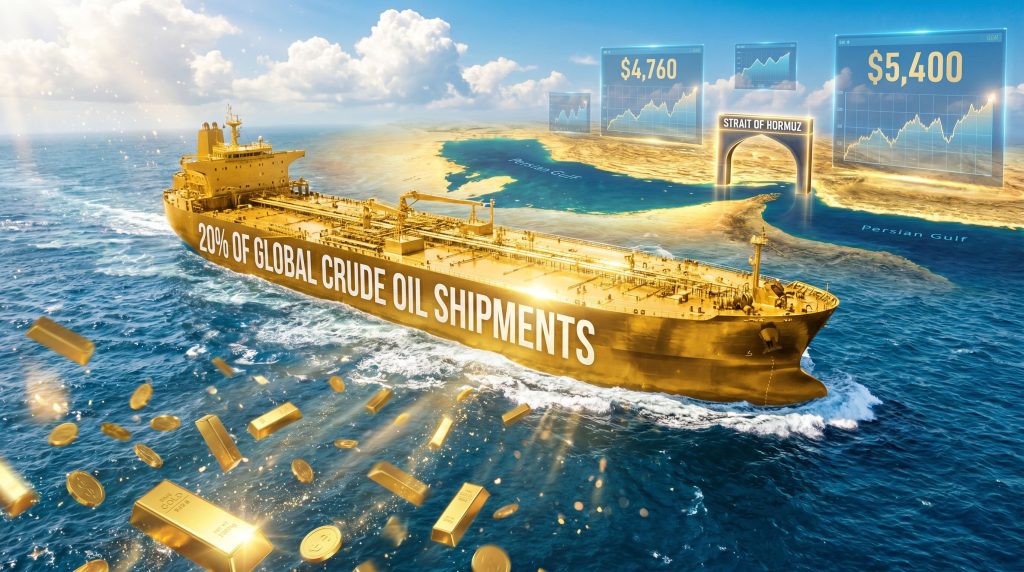 Oil tanker with maps, gold prices.