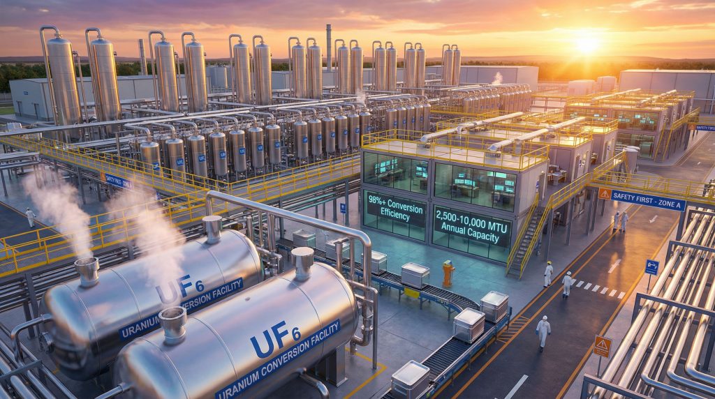 Modern new uranium conversion facility at sunset.
