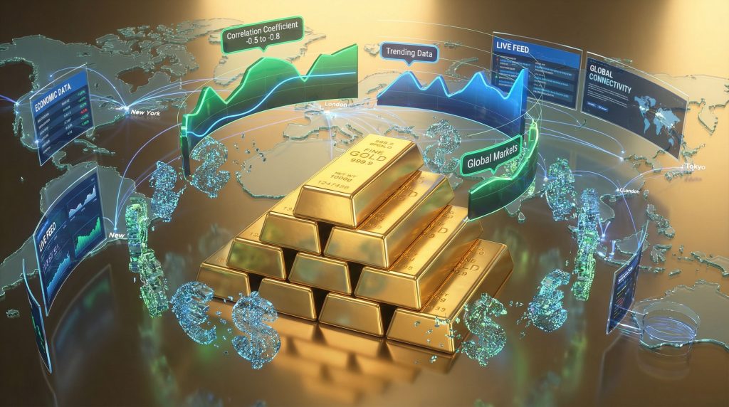 Gold bars surrounded by global economic data.