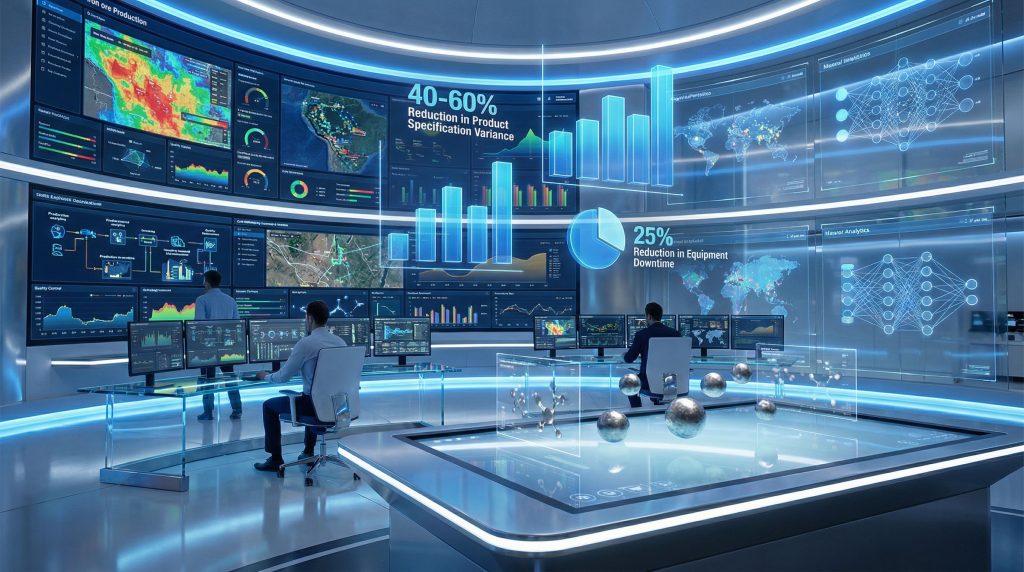 Futuristic AI control room with dashboards.