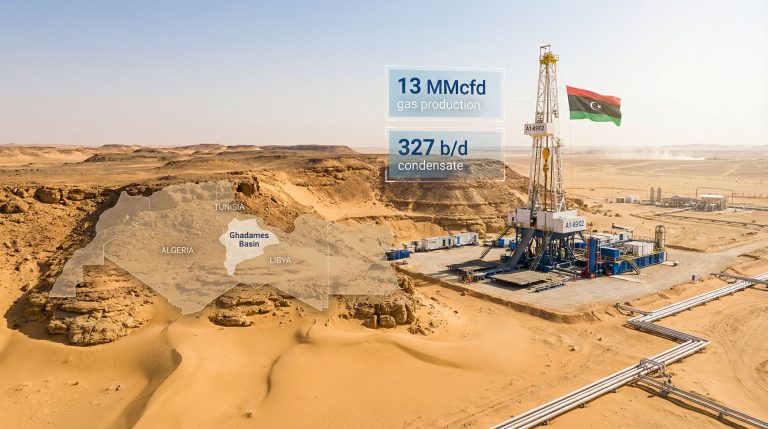 Oil and gas discovery site in desert.