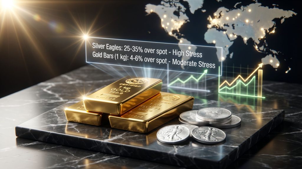 Gold bars and silver coins with statistics.