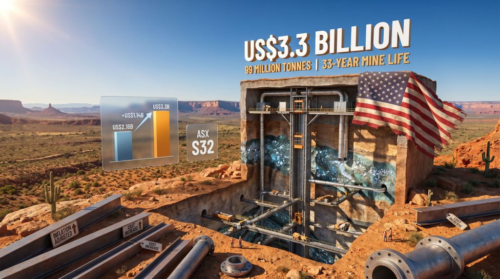 South32 Hermosa project tariffs and contractor woes infographic