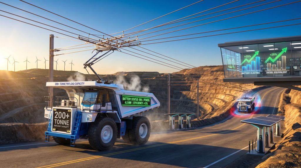 Hitachi Full Battery Dump Truck in mining operation.