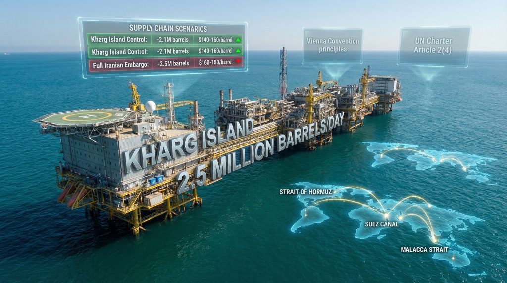 Kharg Island oil assets geopolitical impact illustration.