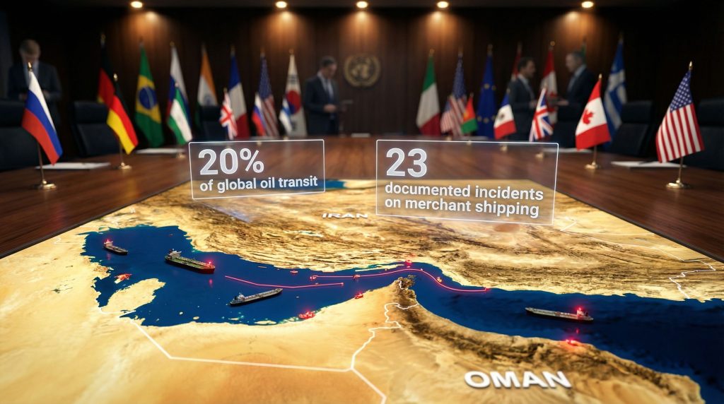 Strait of Hormuz reopening tensions illustrated.