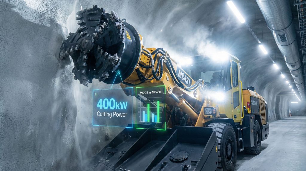 Sandvik MC431 continuous miner cutting rock.