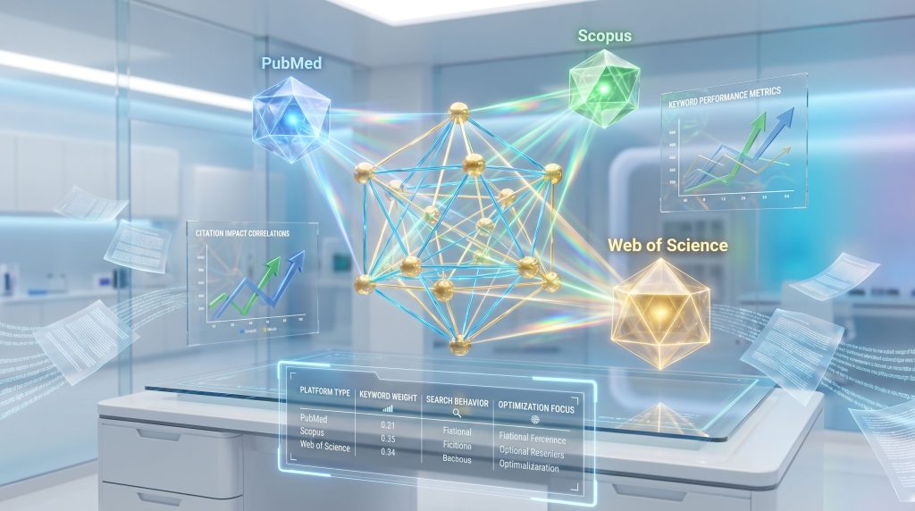 Scientific databases interconnect in futuristic lab.