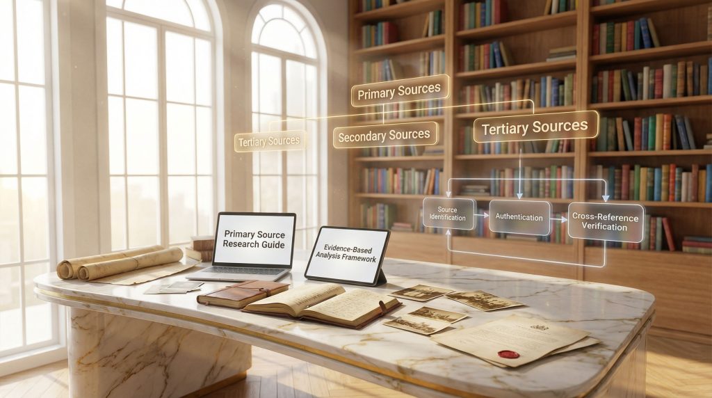 Library research setup with source categorization.