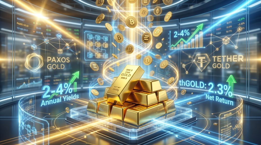 Piles of gold with crypto symbols.