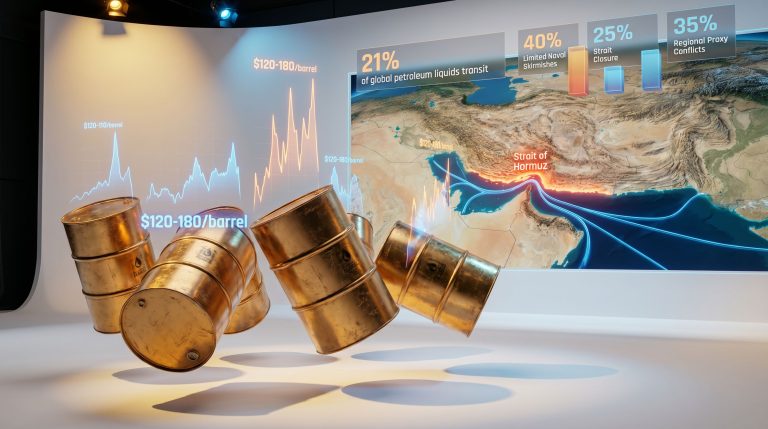 Oil prices graph alongside Strait of Hormuz.