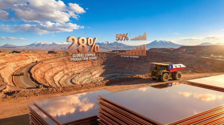 Codelco copper production decline visualized with mining scene.