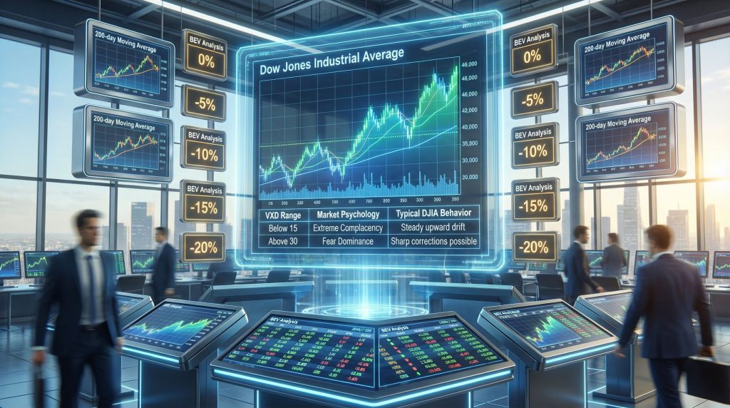Stock market trading room, Dow Jones volatility.