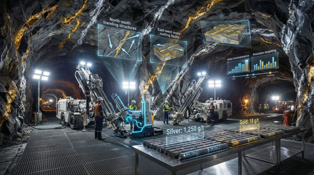 Miners analyzing structural intersection at Hycroft mine.