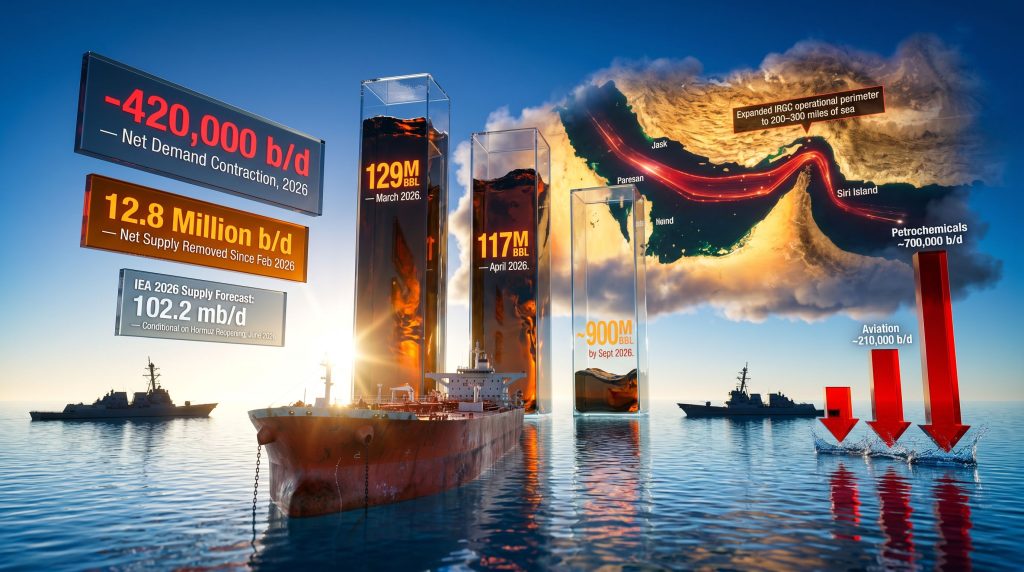 IEA oil demand fall and 2026 deficit infographic