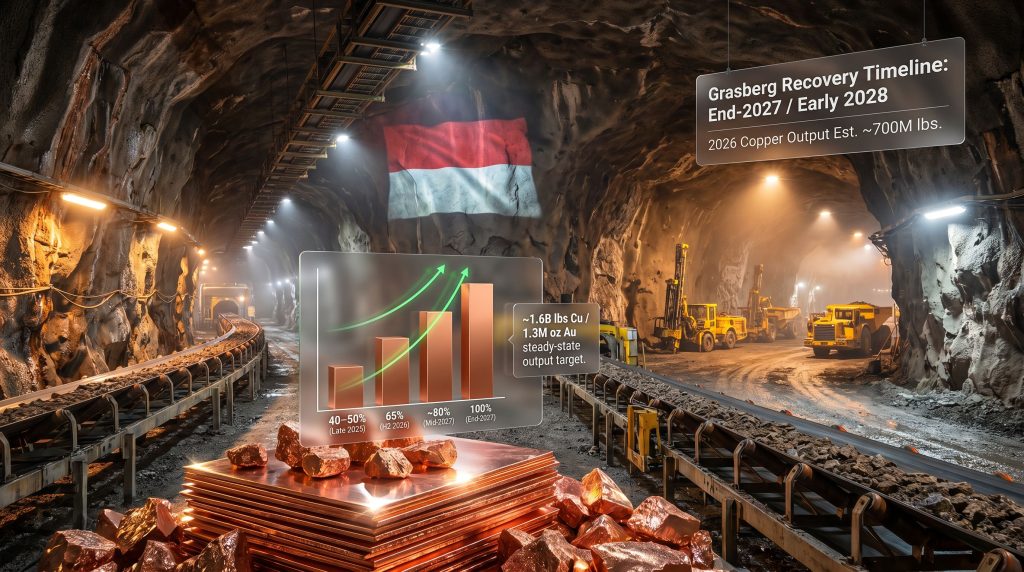 Freeport Grasberg recovery timeline underground mine infographic