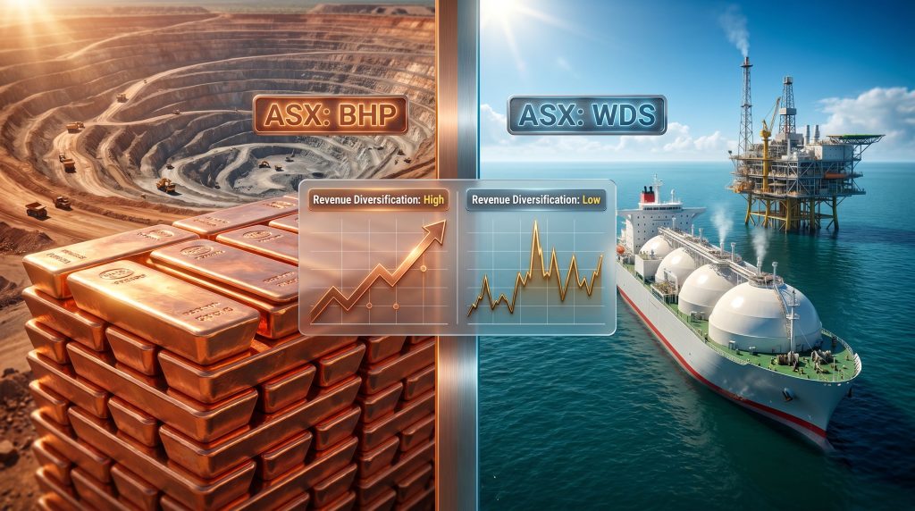 BHP shares vs Woodside shares comparison graphic