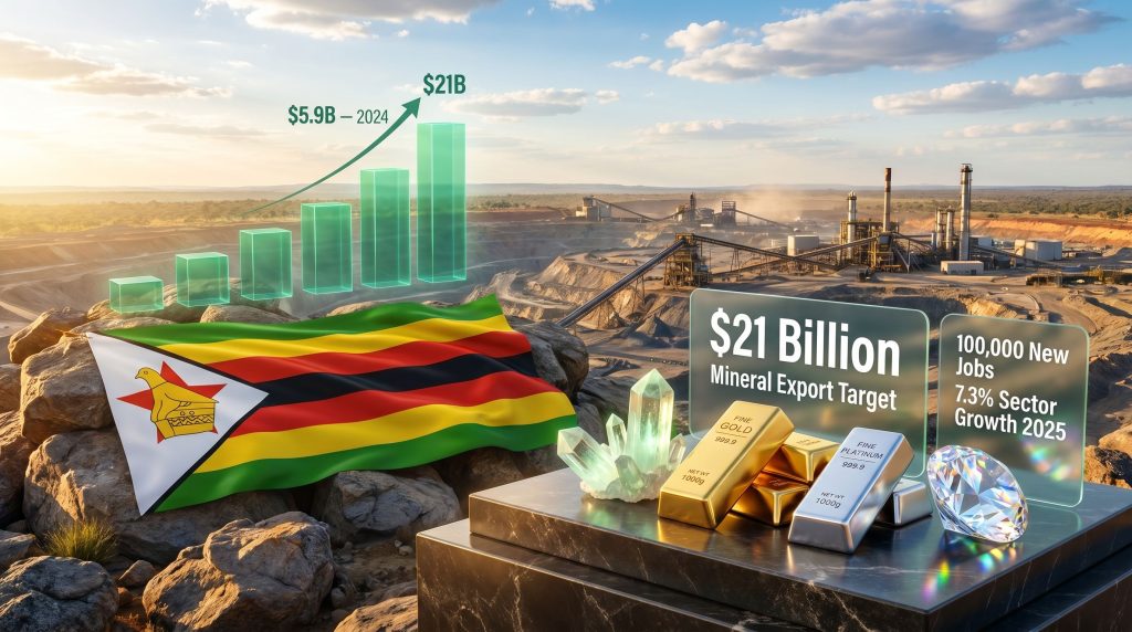 Zimbabwe mining jobs and mineral export boom infographic