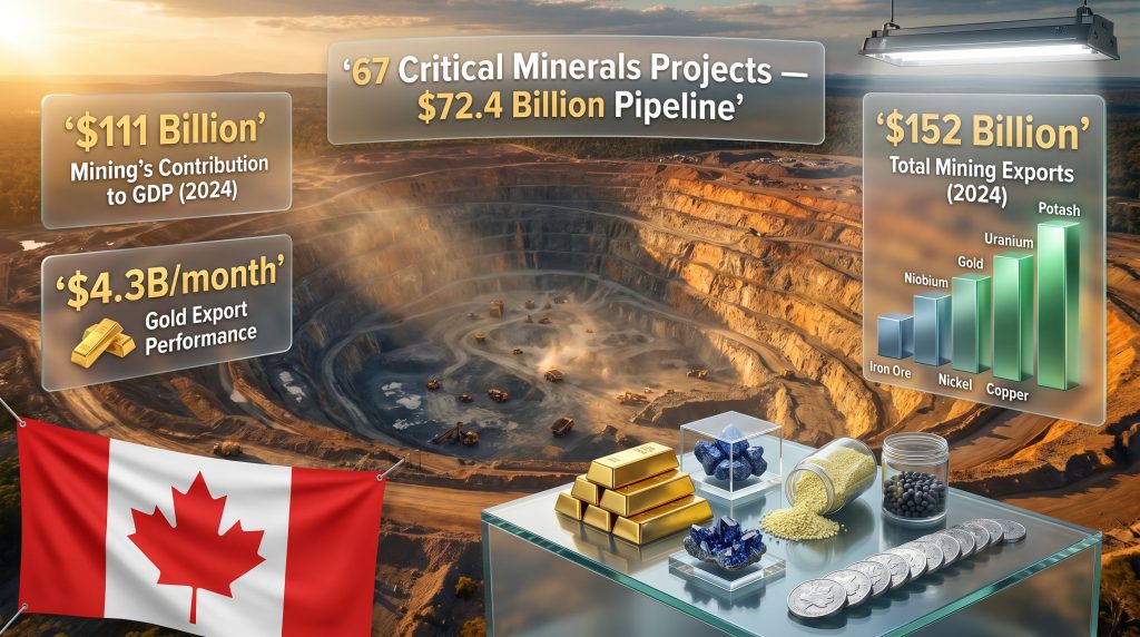 Canada mining sector competitiveness infographic over open-pit mine