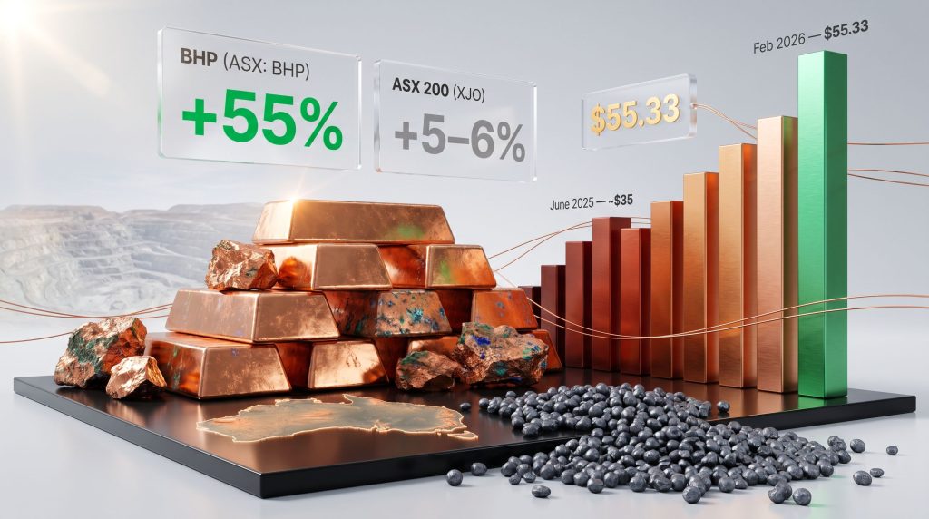 BHP shares up 55% in a year chart