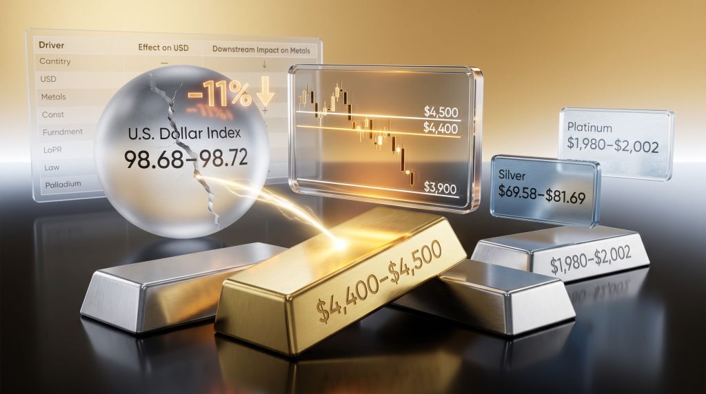 Precious metals support levels and dollar strength chart