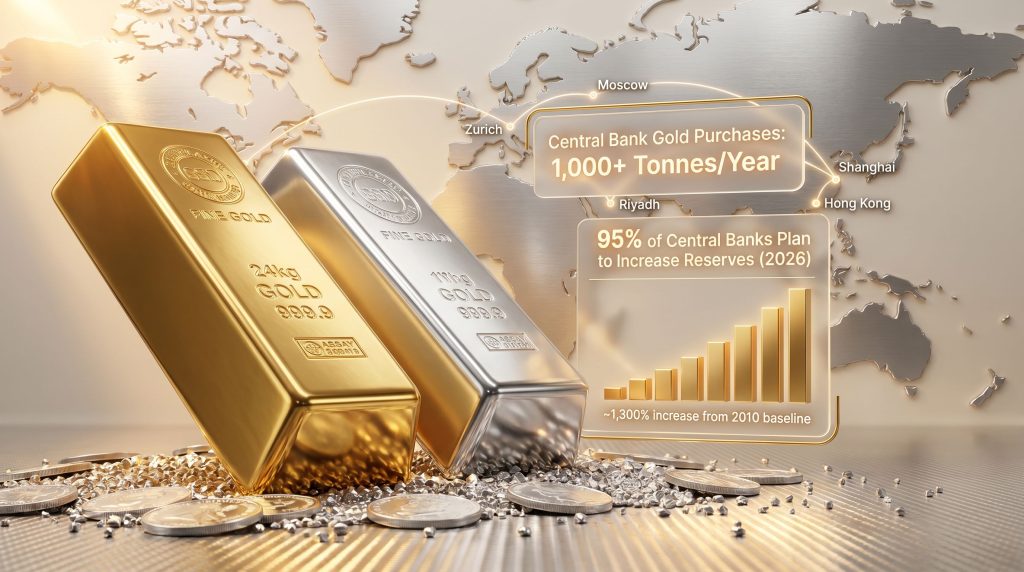 Gold and silver as protection against de-dollarization and central bank buying infographic