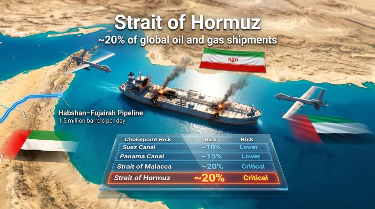 UAE accuses Iran of attacking ADNOC oil tanker in Strait of Hormuz map graphic
